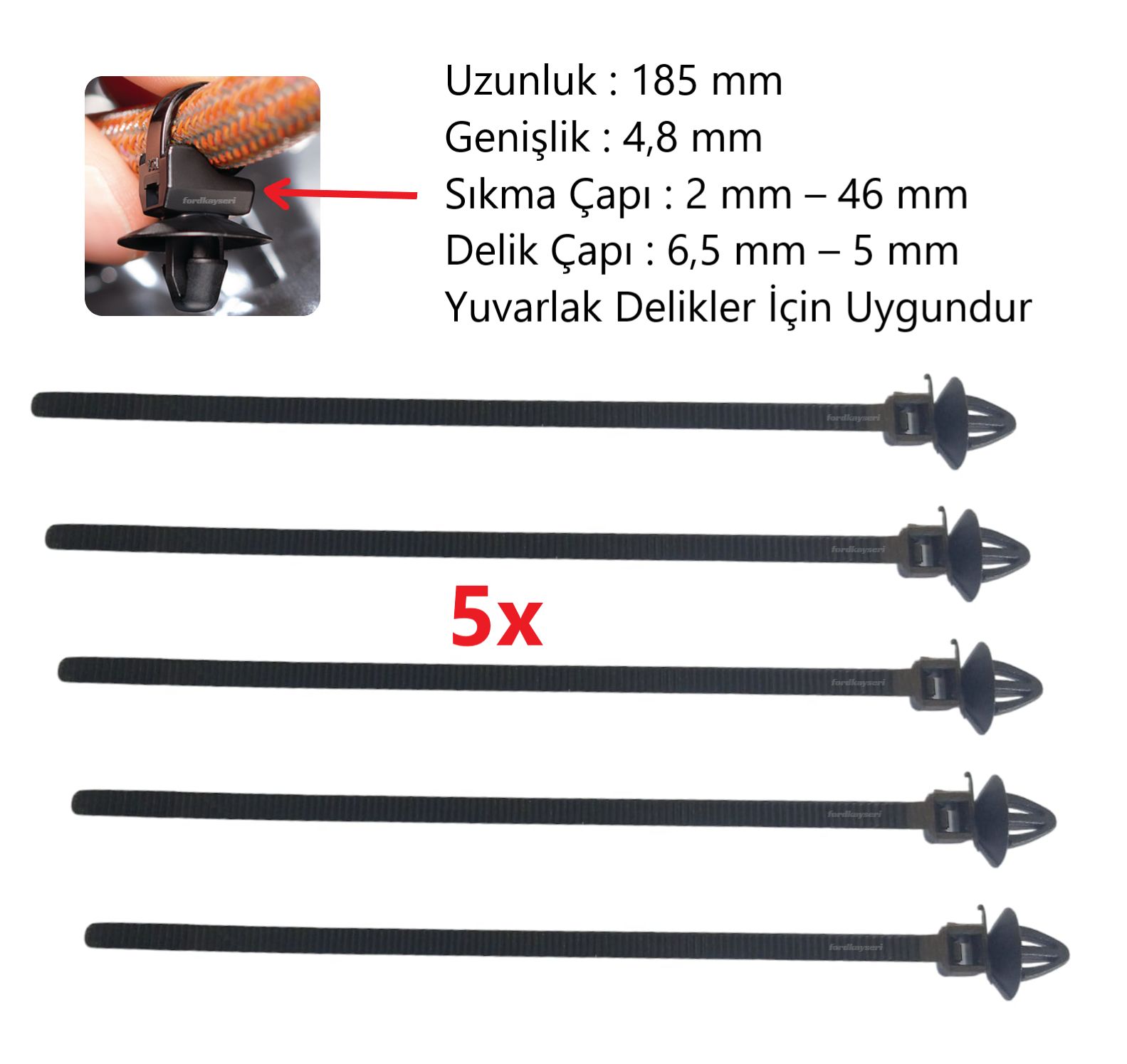 5X Üniversal Tokalı Tesisat Kelepçesi - Cırt Bağı 5 Adet (Yuvarlak Delikler İçindir)