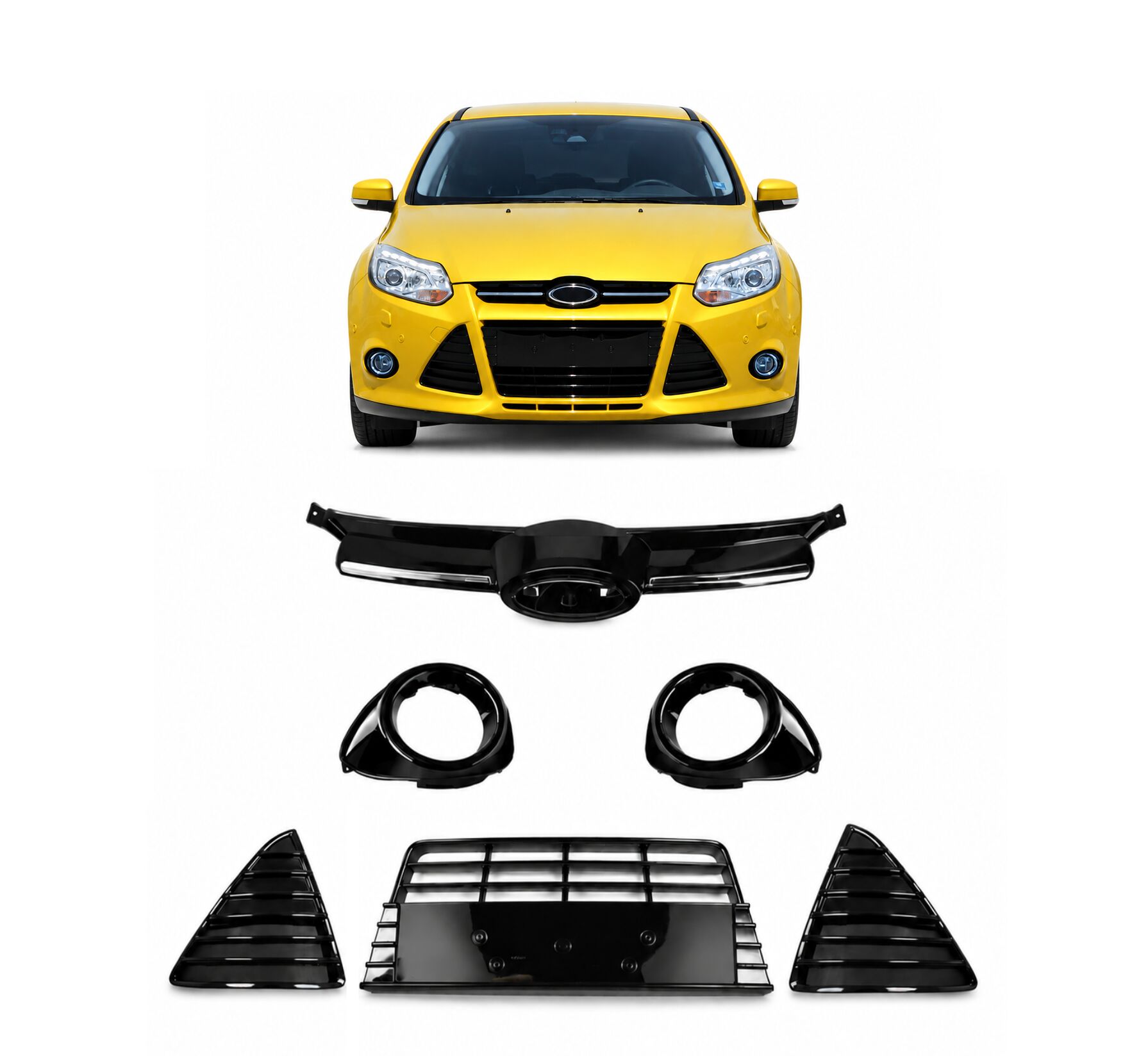 Ford Focus 3 Ön Tampon Panjur Ve Sis Çerçeve Seti Piano Black Parlak Sağ Sol Orta Üst