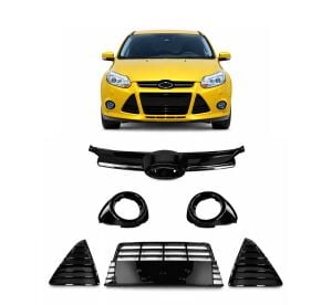 Ford Focus 3 Ön Tampon Panjur Ve Sis Çerçeve Seti Piano Black Parlak Sağ Sol Orta Üst