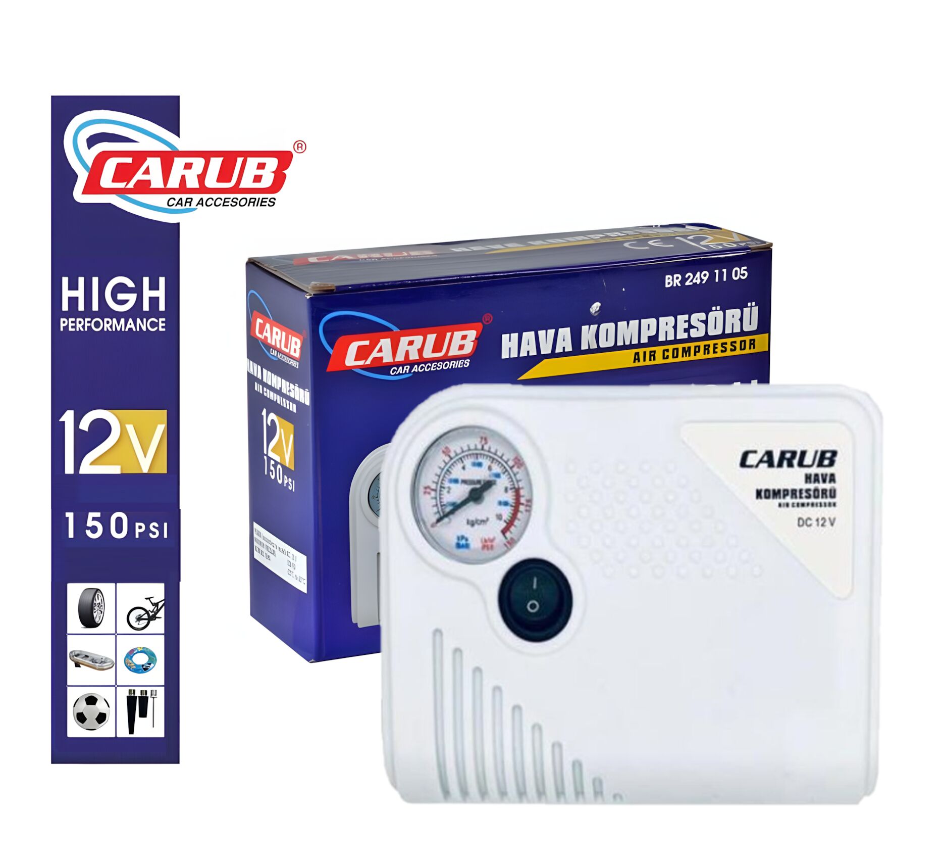 Carup Lastik Şişirme Hava Kompresörü Yassı Taşınabilir 12V Çakmaklık 150 Psi