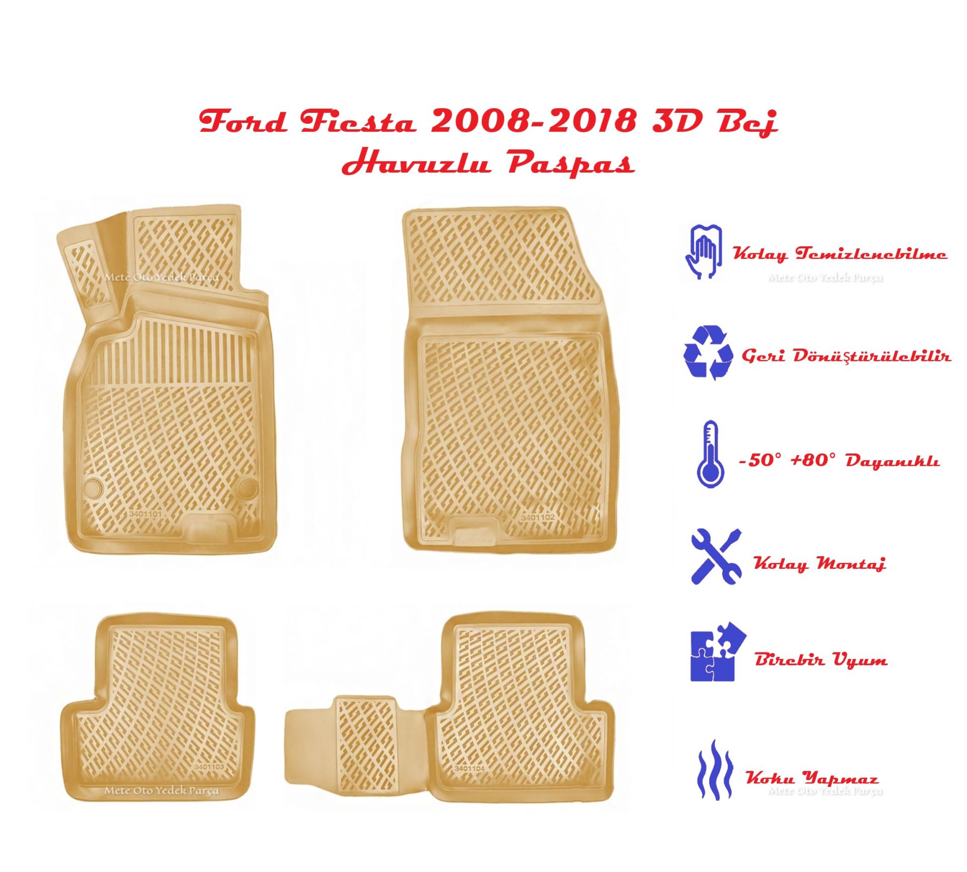 Bsg Ford Fiesta 3D Kokusuz Havuzlu Paspas Bej Krem 2008-2018